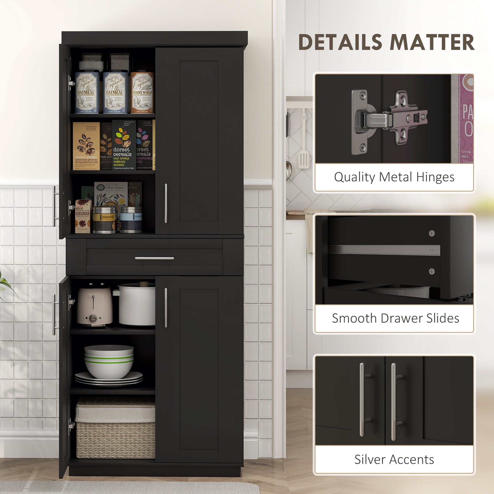 72" Storage Cabinet, Freestanding Kitchen Pantry Cabinet with 4 Doors, Drawer and 3 Adjustable Shelves, Black Kitchen Pantry Cabinets   at Gallery Canada