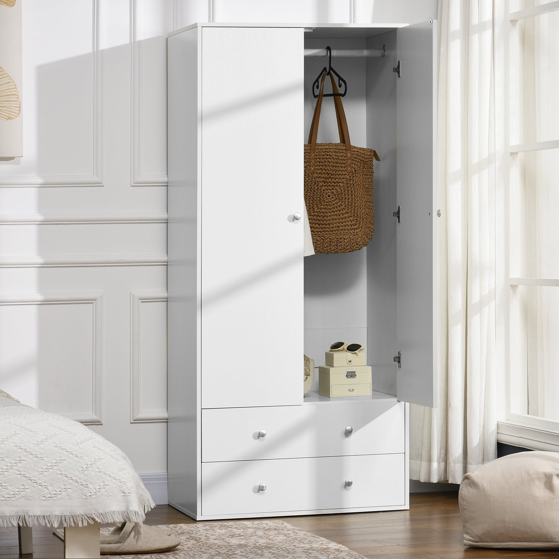 Wardrobe Closet, Armoire with Drawers and Hanging Rail for Bedroom Clothes Storage and Organization, White Clothing Storage   at Gallery Canada