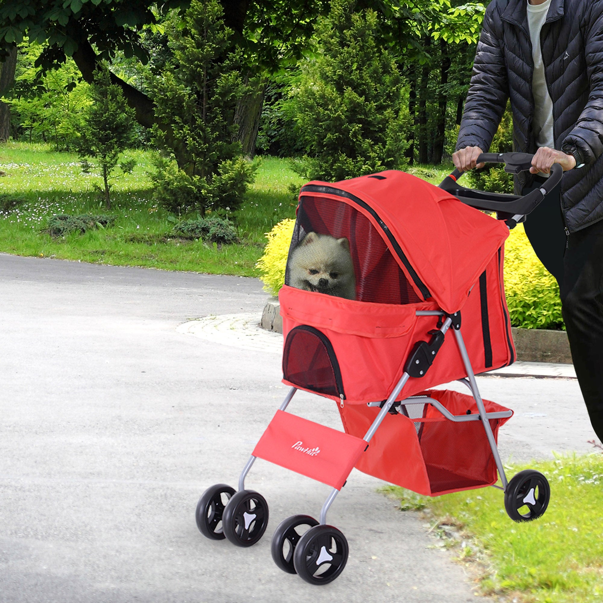 Pet Stroller Foldable Carrier for Cat, Dog and More 4 Wheels Travel Jogger with Cup Holder, Storage Basket, 360 ° swiveling front wheels, Easy Fold, Red Dog Bike Trailers & Strollers at Gallery Canada