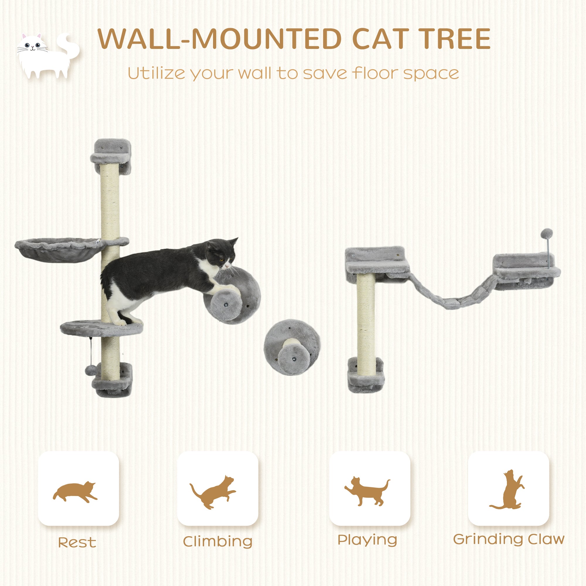 4PCs Cat Wall Shelves with Hammock, Scratching Post, Ladder, Steps, Platforms, Toy Balls, Grey Cat Climbing Wall   at Gallery Canada