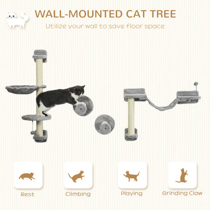 4PCs Cat Wall Shelves with Hammock, Scratching Post, Ladder, Steps, Platforms, Toy Balls, Grey - Gallery Canada