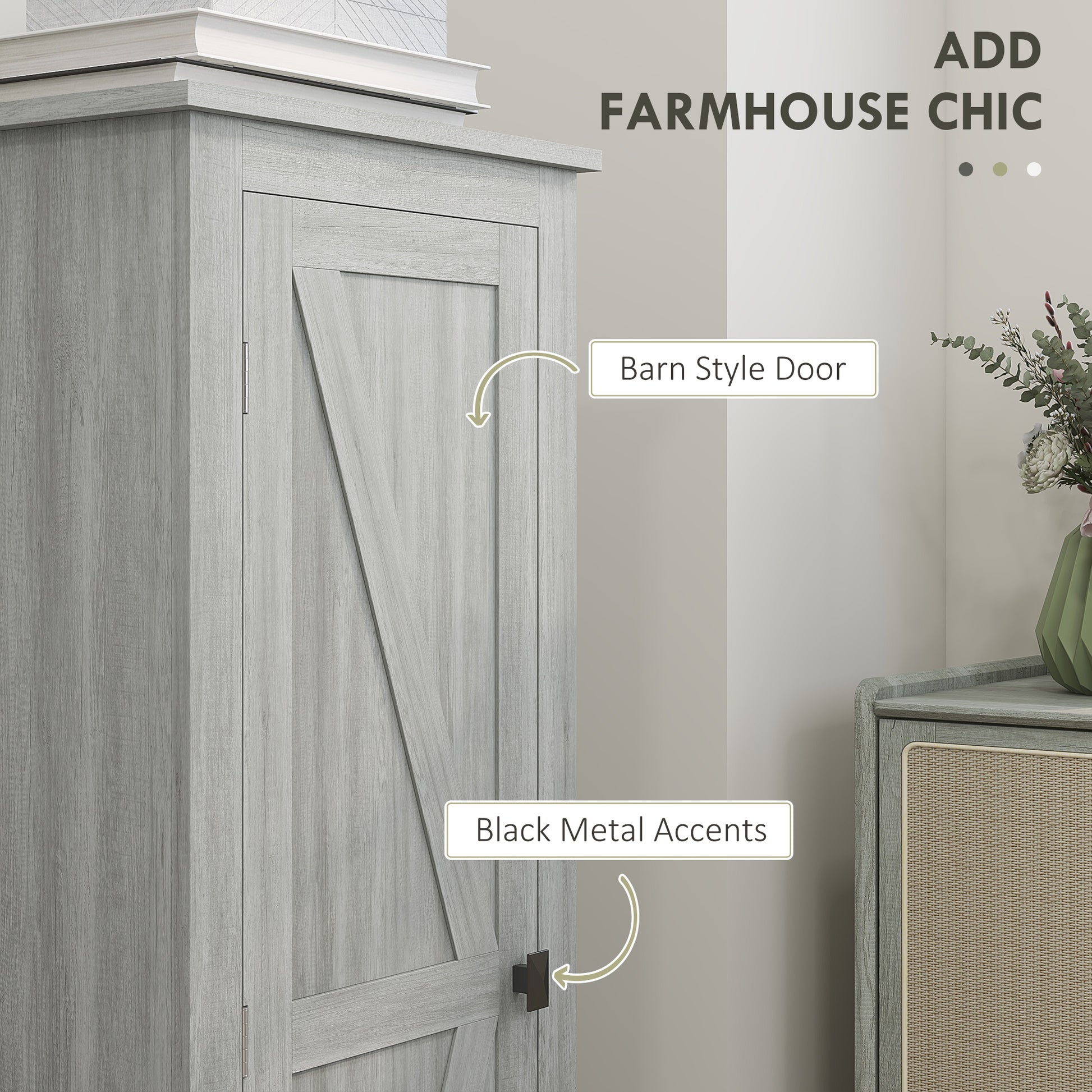 48" Kitchen Pantry Storage Cabinet w/ Barn Door, Kitchen Pantry Cabinet w/ Adjustable Shelves, Grey Wood Grain Kitchen Pantry Cabinets   at Gallery Canada