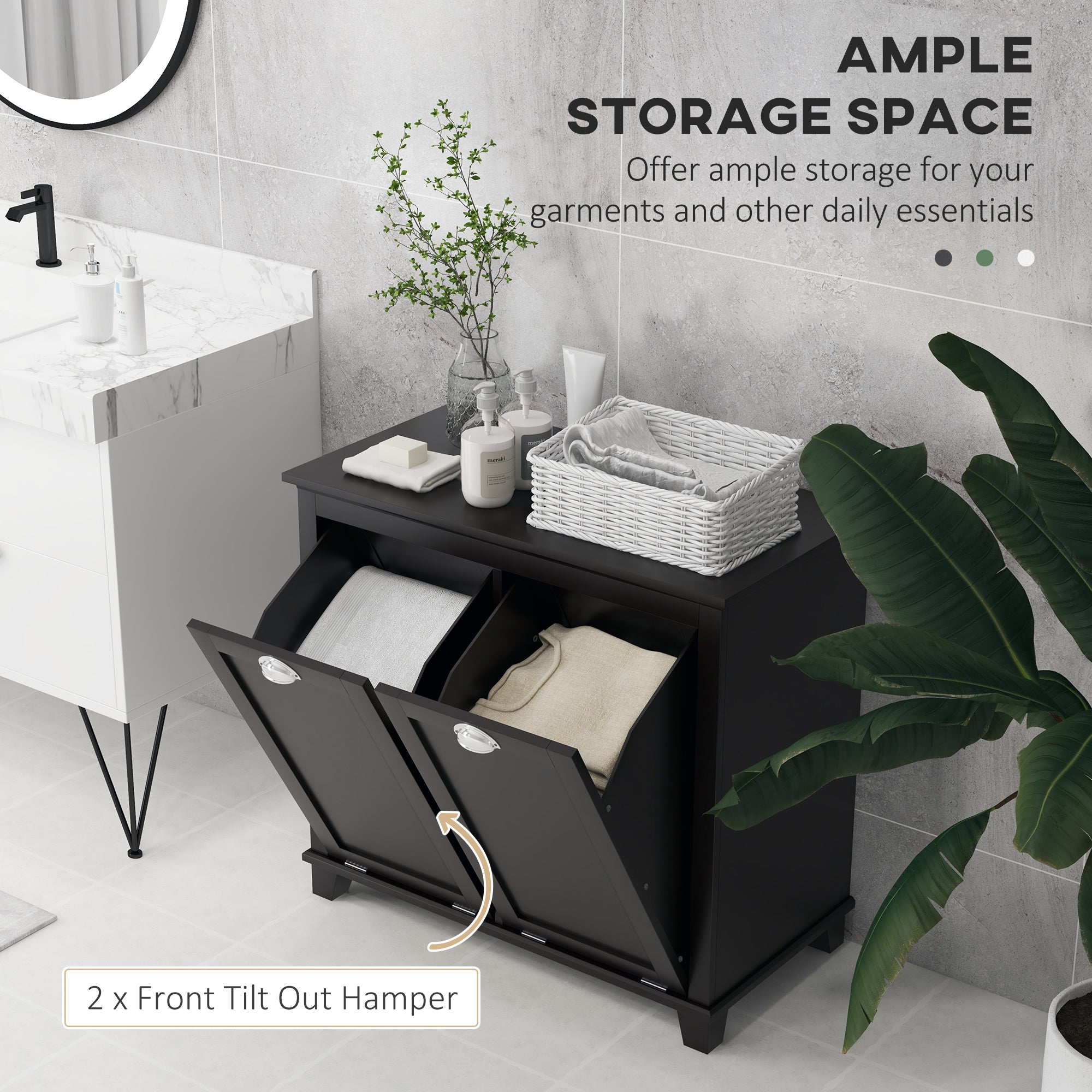 Tilt-Out Laundry Storage Cabinet, Bathroom Storage Organizer with Two-Compartment Tilt Out Hamper, Black Bathroom Cabinets at Gallery Canada