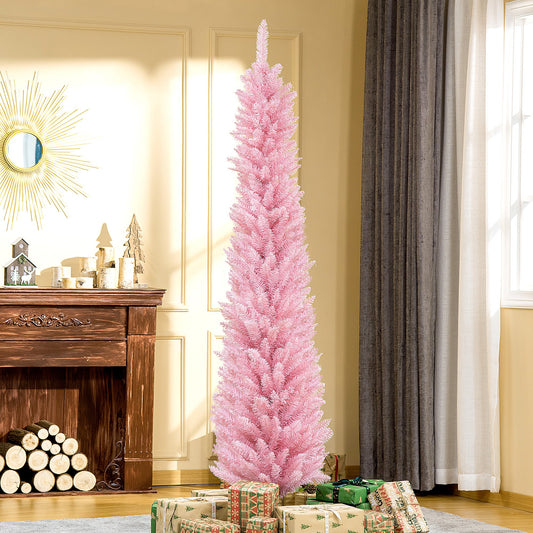 7' Pencil Christmas Tree, Slim Artificial Xmas Tree with Realistic Branches, Sturdy Metal Stand, Pink - Gallery Canada