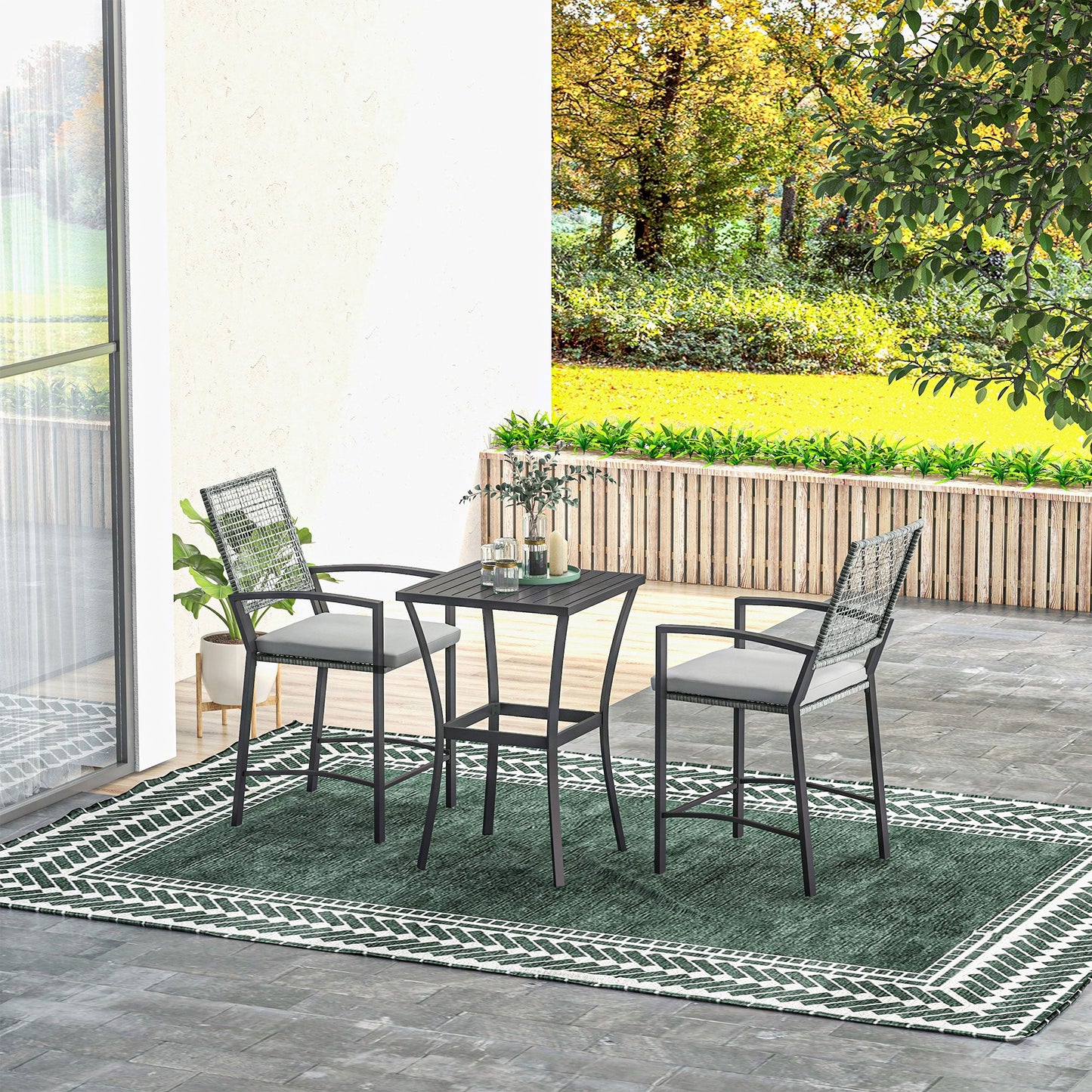 3pc Rattan Patio Bar Table and Bar Chairs w/ Cushions Home Bar Furniture Bistro Sets   at Gallery Canada