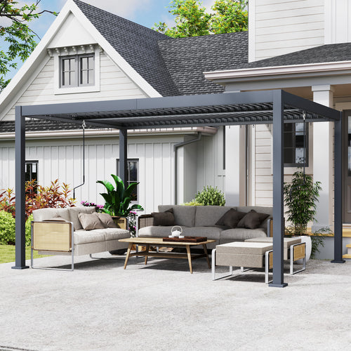 10' x 12' Louvered Pergola with Adjustable Metal Roof and Aluminum Frame, Outdoor Hardtop Gazebo with Drainage System