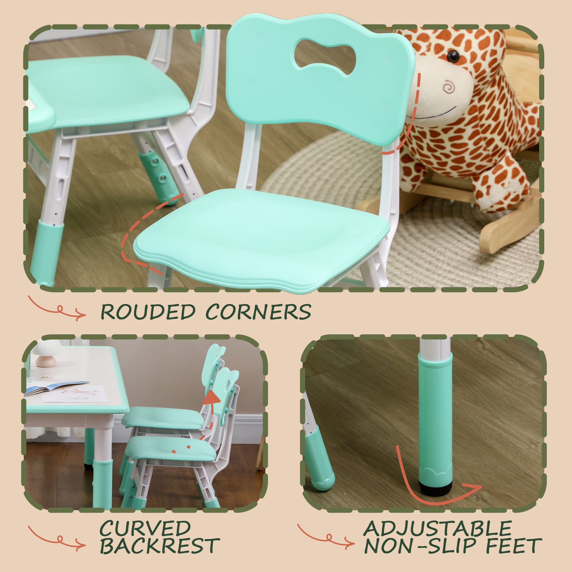 Kids Table and Chair Set with 4 Chairs, Adjustable Height, Easy to Clean, for 1.5 - 5 Years Old, Green Kids Table Sets at Gallery Canada