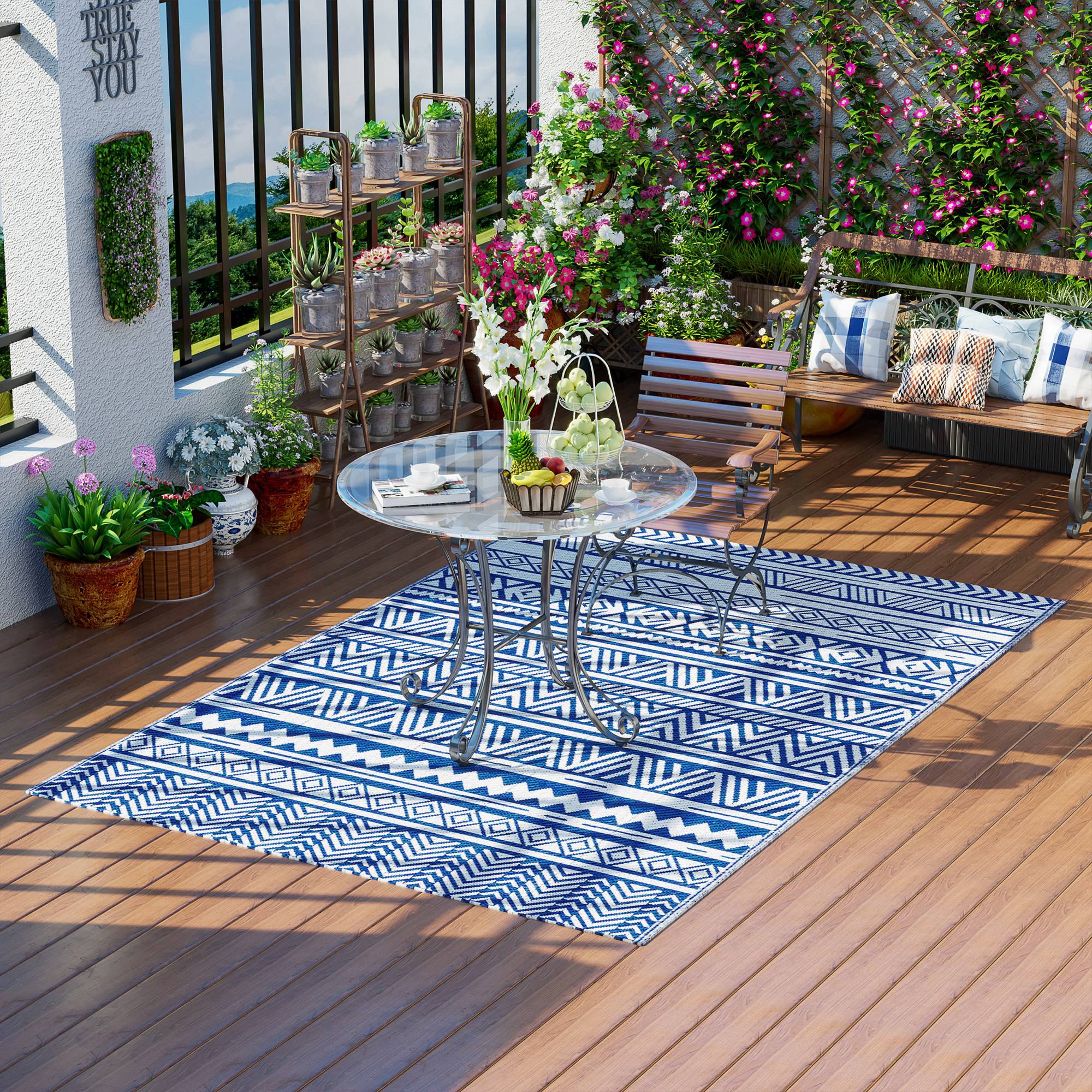 Reversible Outdoor Rug, Patio Floor Mat, 6' x 9' Plastic Rug for Backyard, Deck, Beach, Camping, Dark Blue and White Garden Decor at Gallery Canada