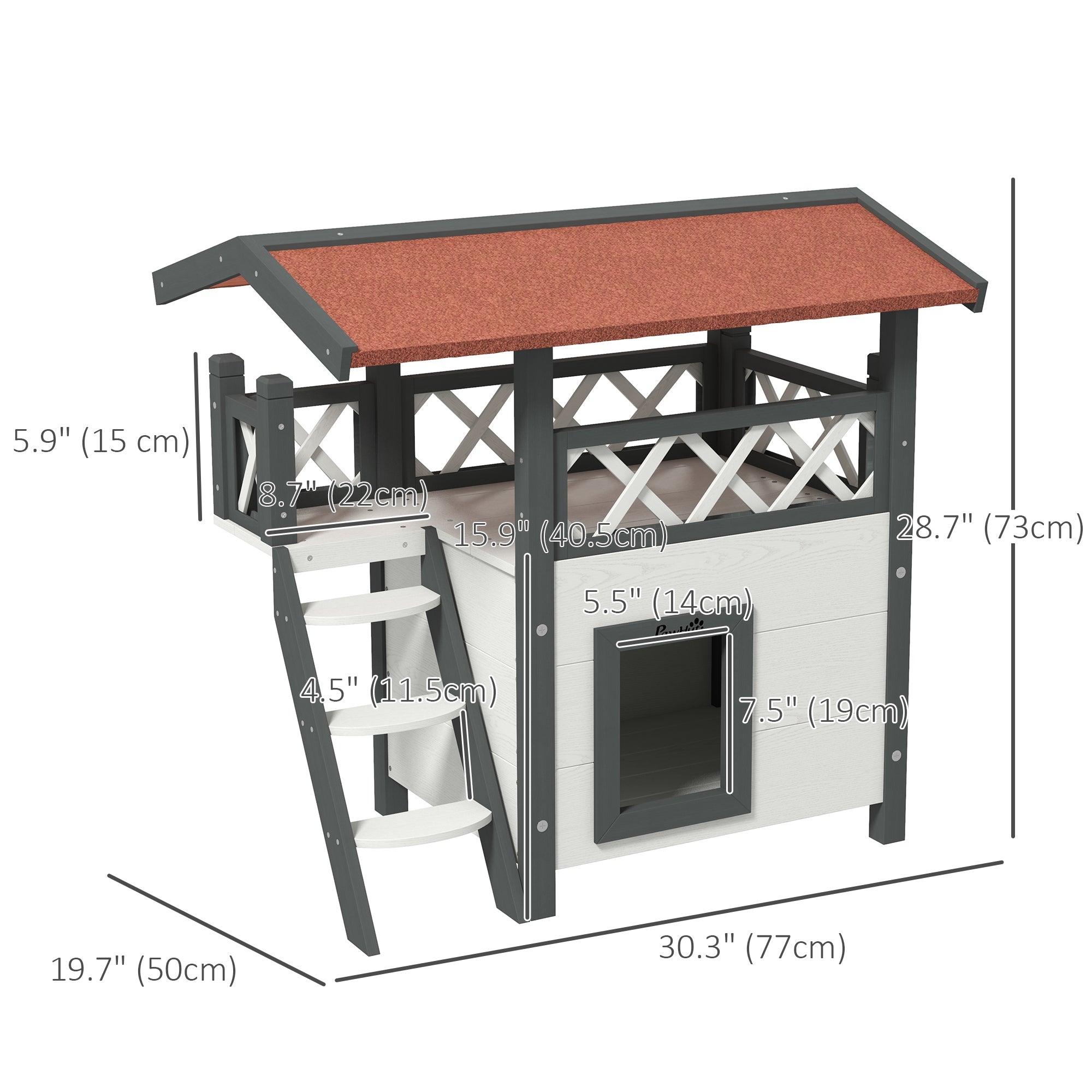 Wooden 2-Story Shelter for Feral Cats with Asphalt Roof, Stairs, Balcony, 30