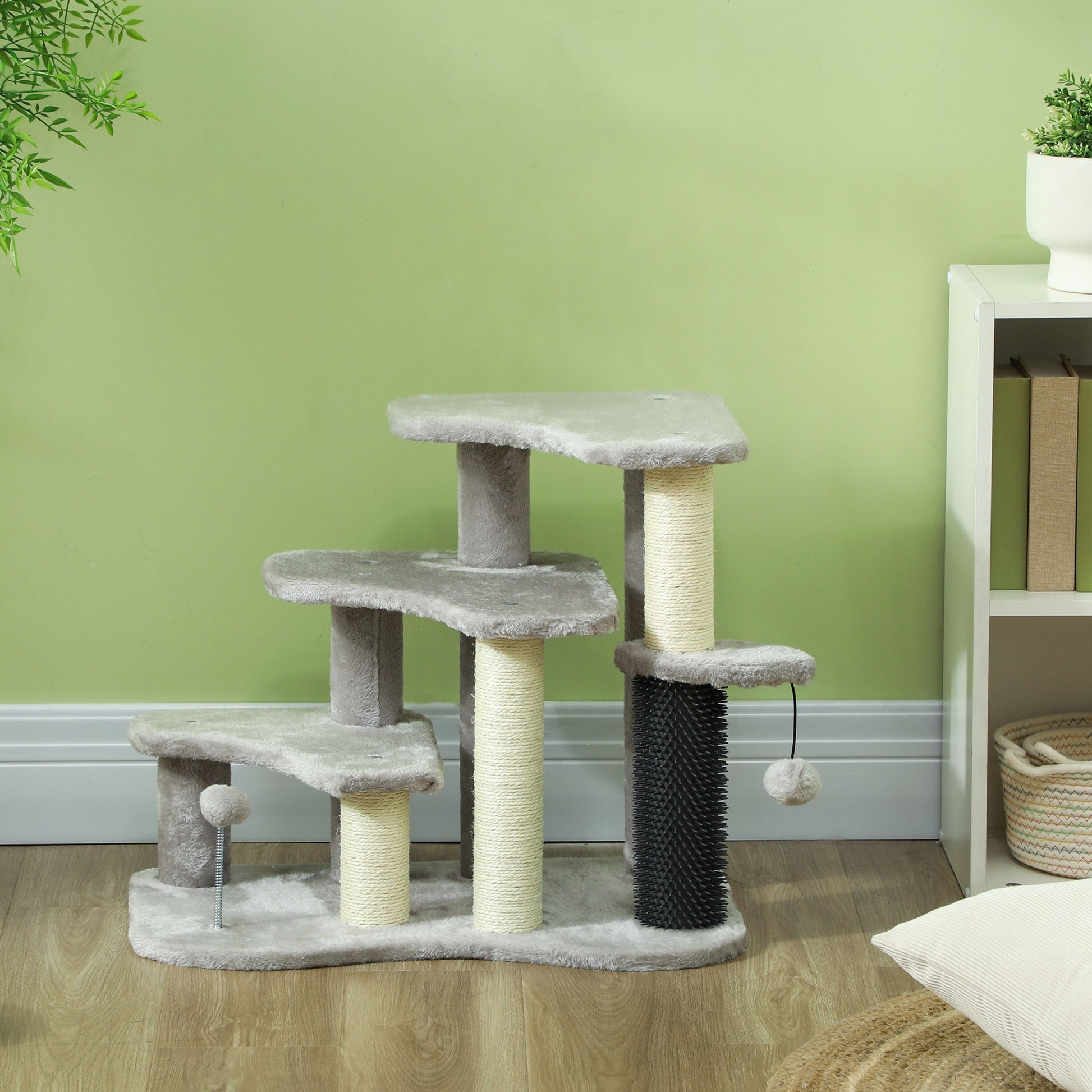 2 in 1 Cat Tree 3 Steps Pet Stairs with Scratching Posts, Tickling Post, Toy Balls, for Bed, Couch, Sofa, Light Grey Cat Stairs   at Gallery Canada