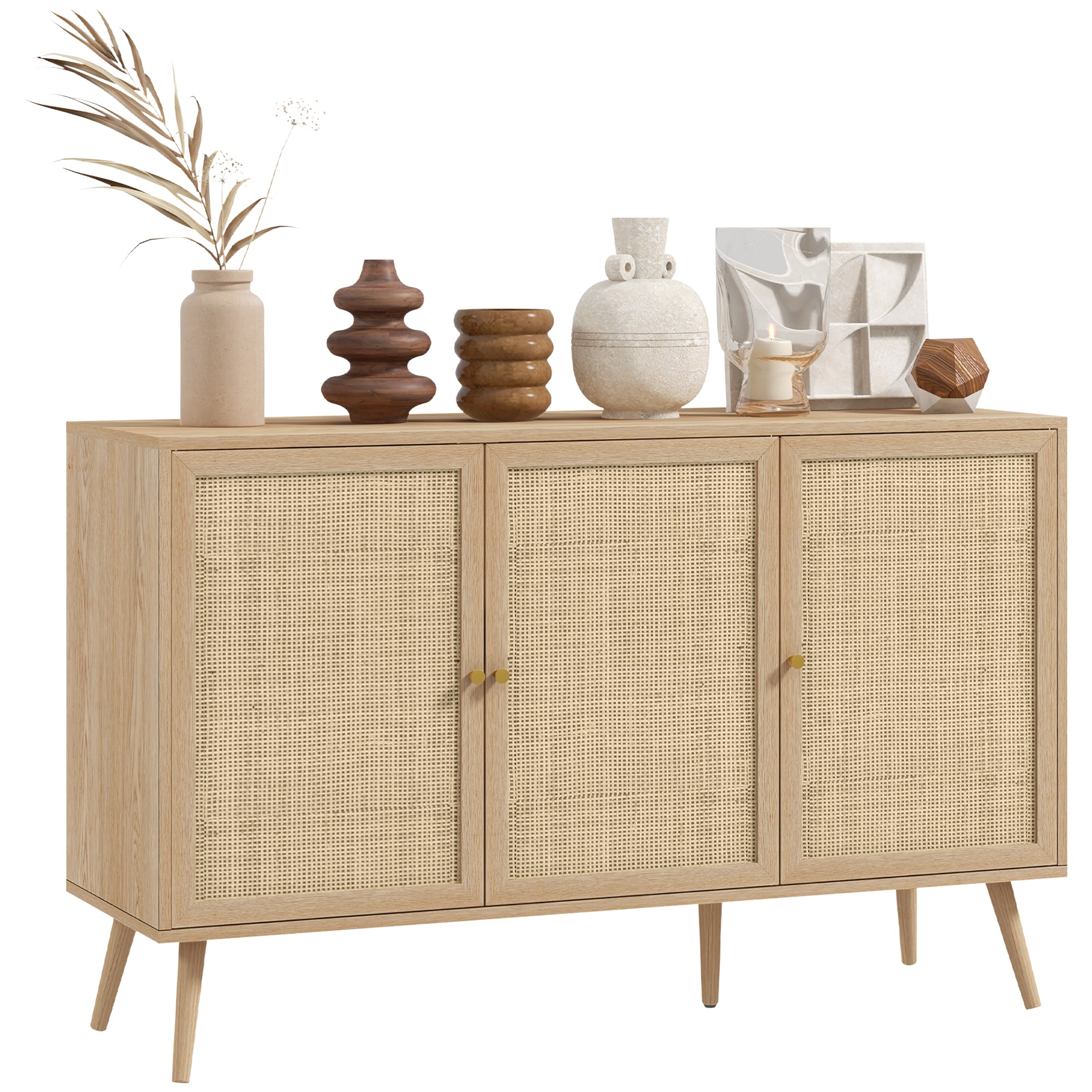 Kitchen Sideboard Cabinet, Boho Storage Cabinet with Shelves, Wood Legs, Decorative Rattan Doors, Natural Storage Cabinets   at Gallery Canada