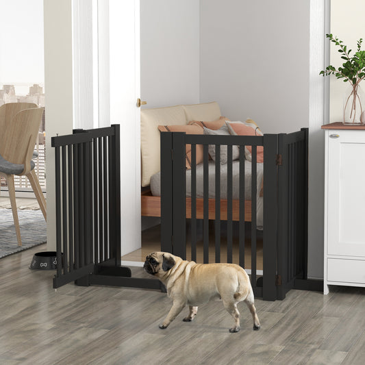 4 Panel Free Standing Wooden Pet Gate with Open Door Black Houses, Kennels & Pens   at Gallery Canada