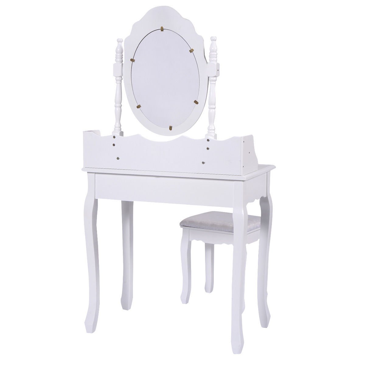 Vanity Table Set with Cushioned Stool with 360° Rotating Oval Mirror and Three Drawers, White - Gallery Canada