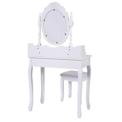 Vanity Table Set with Cushioned Stool with 360° Rotating Oval Mirror and Three Drawers, White Makeup Vanities   at Gallery Canada