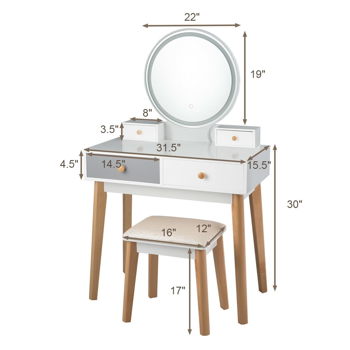 Makeup Dressing Table with 4 Drawers and Lighted Mirror, White Makeup Vanities   at Gallery Canada