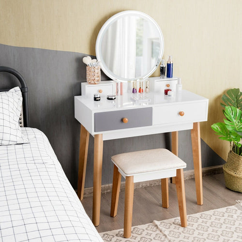 Makeup Dressing Table with 4 Drawers and Lighted Mirror, White