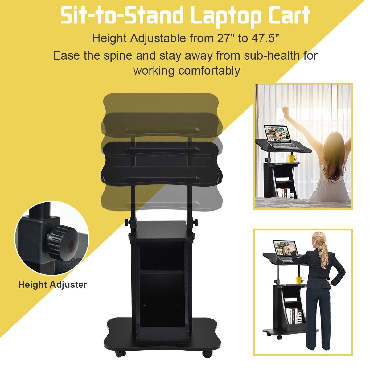 Sit-to-Stand Laptop Desk Cart Height Adjustable with Storage, Black Laptop Tables & Printer Stands   at Gallery Canada