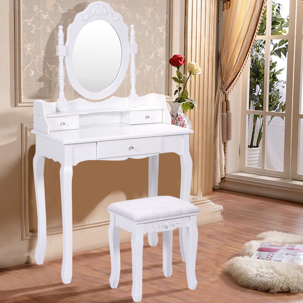 Vanity Table Set with Cushioned Stool with 360° Rotating Oval Mirror and Three Drawers, White - Gallery Canada