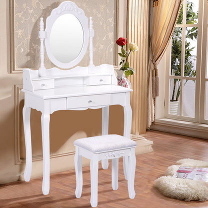 Vanity Table Set with Cushioned Stool with 360° Rotating Oval Mirror and Three Drawers, White Makeup Vanities   at Gallery Canada