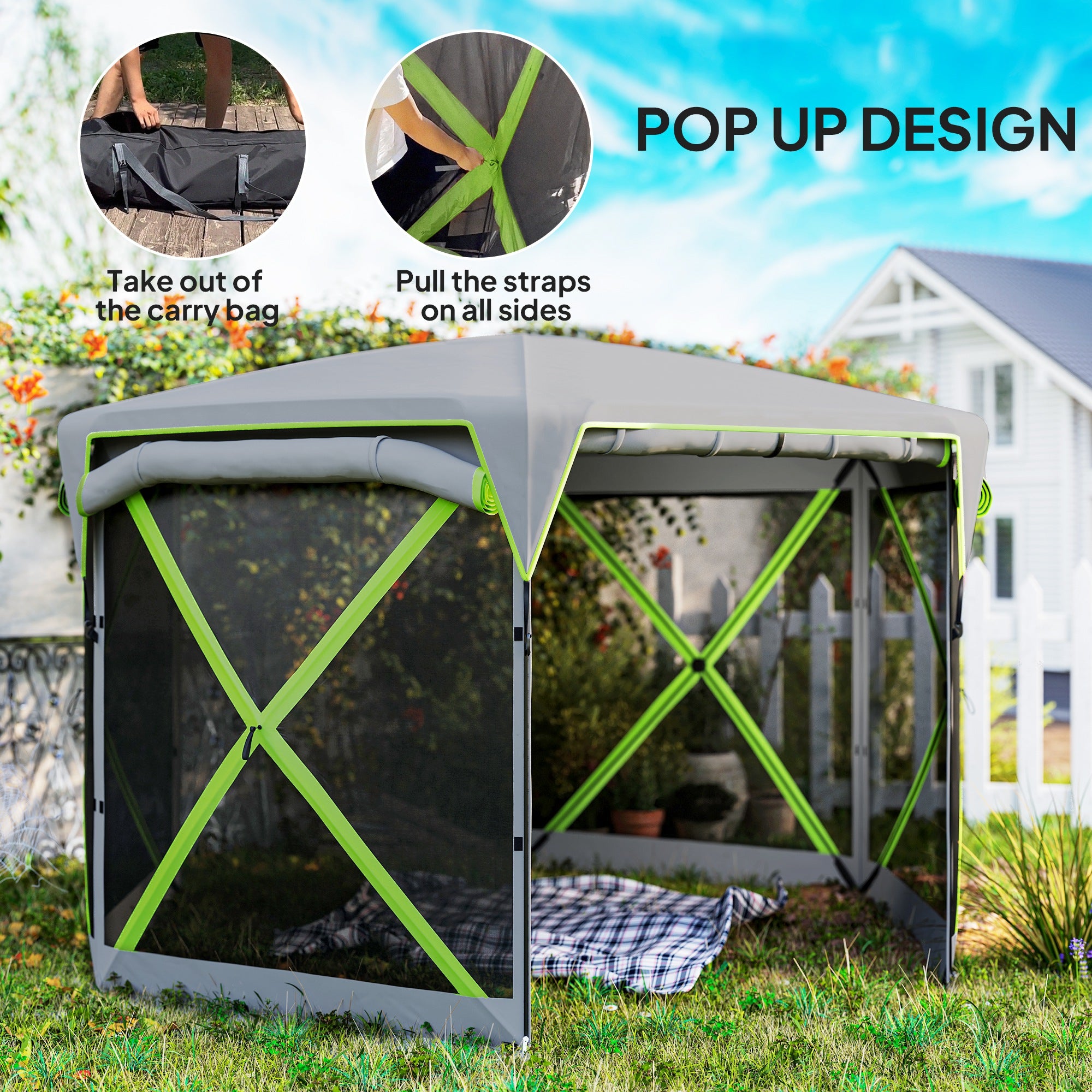 11 x 11ft Pop Up Camping Gazebo, Screen Tent House with Removable Roof Cover, Roll-up Wind Panels for Camping, Backyard Camping Tents at Gallery Canada