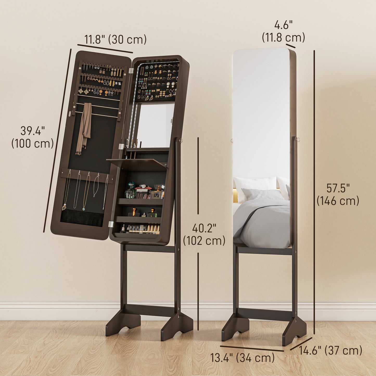 Standing Mirror Jewelry Cabinet, Jewelry Storage Cabinet with LED Lights and Angle Adjustable Full Length Mirror, Brown Jewelry Armoire & Jewellery Mirror Cabinets   at Gallery Canada