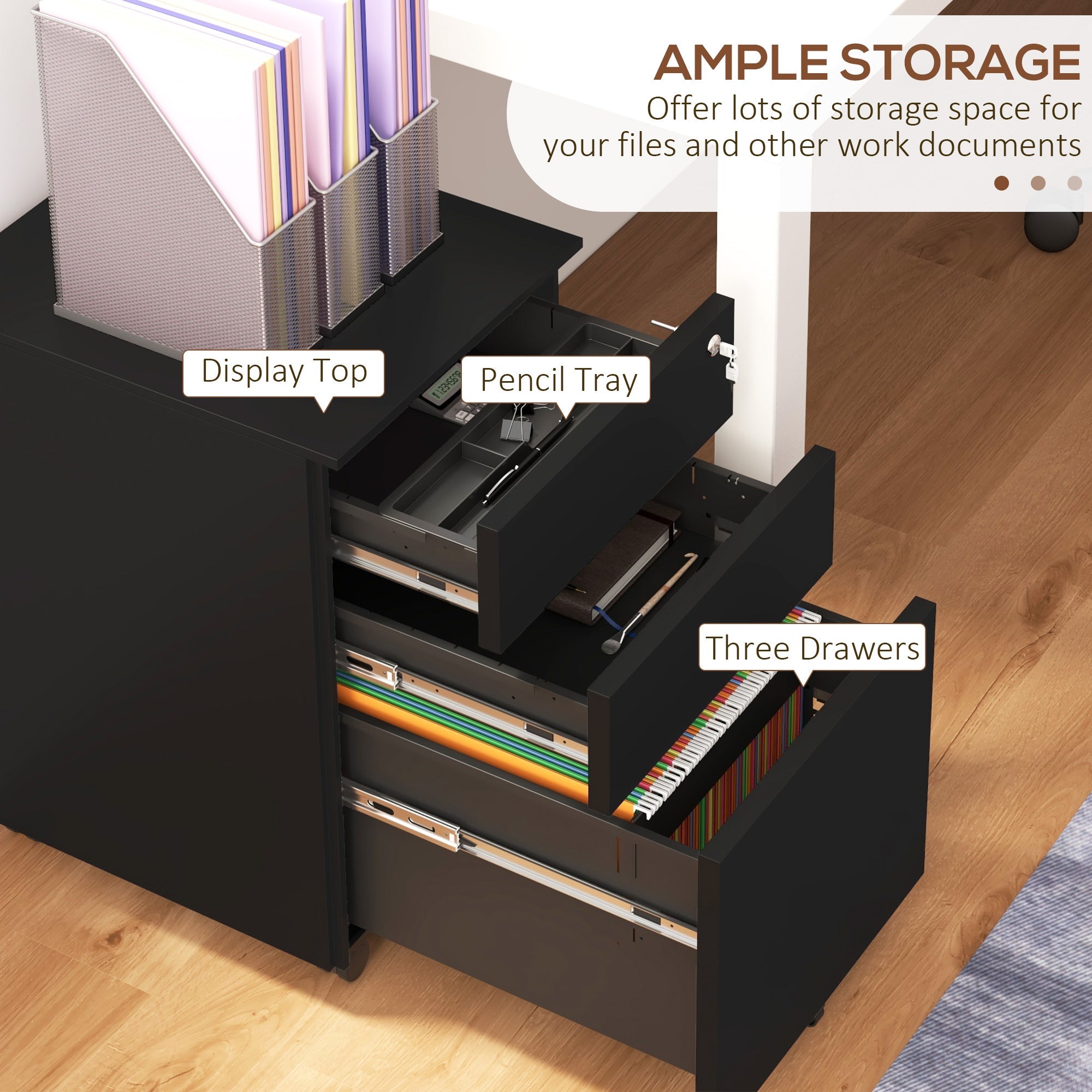 Vertical Steel Filing Cabinet, 3-Drawer Lockable File Cabinet with Adjustable Hanging Bar for A4, Legal and Letter Size, Black Office Cabinets & Cupboards   at Gallery Canada