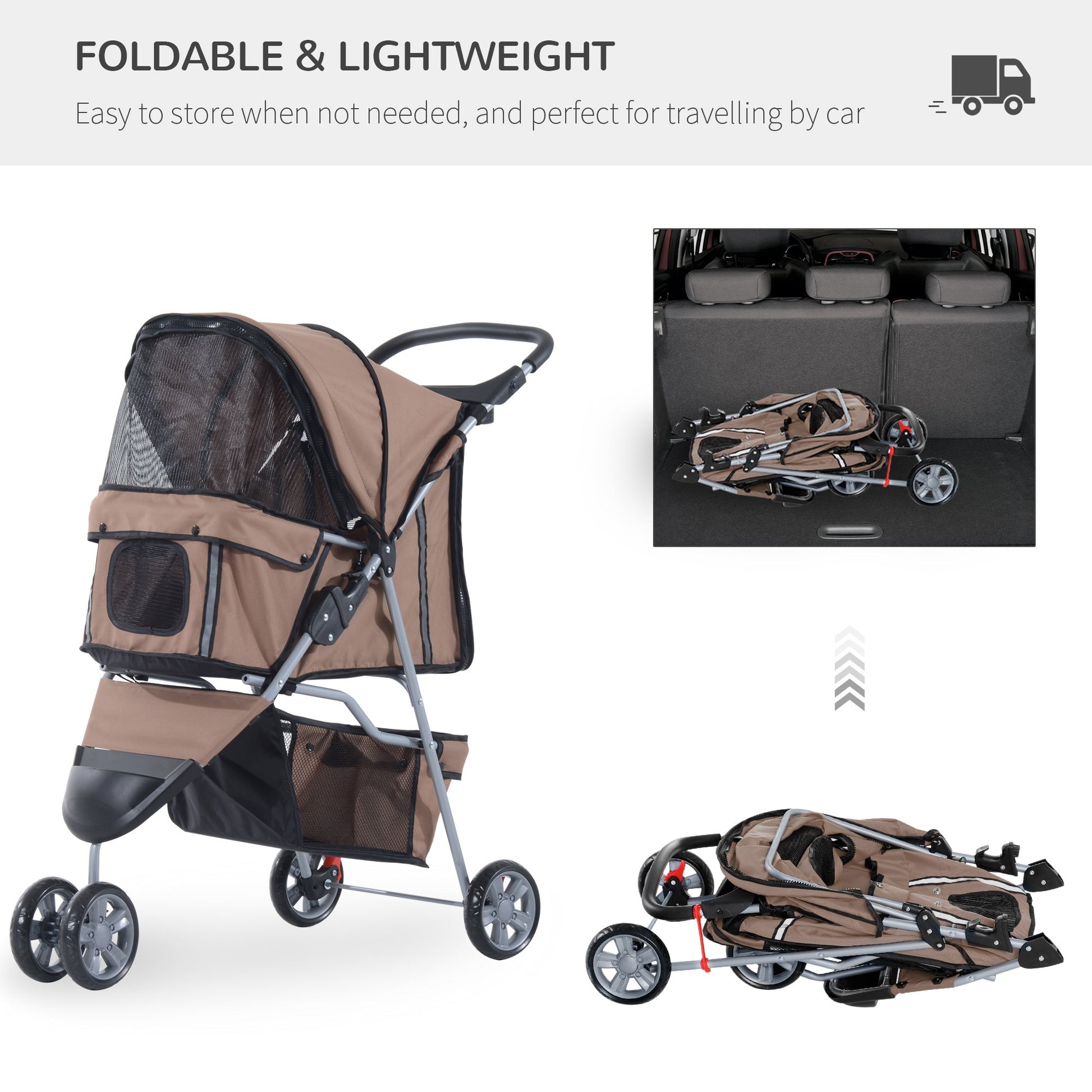 3 Wheel Folding Pet Stroller Dog Bike Carrier Strolling Jogger with Brake, Canopy, Cup Holders and Bottom Storage Space, Coffee Dog Bike Trailers & Strollers   at Gallery Canada