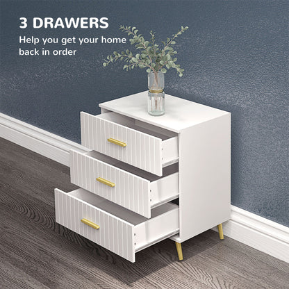 3 Drawer Cabinet, Drawer Chest for Bedroom, Chest of Drawers with Aluminium Legs and Gold Handles, White Storage Cabinets   at Gallery Canada