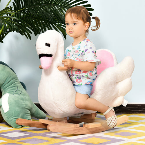 Soft Warm Kids Rocking Horse Child Plush Ride On Toy Swan Style Playtime with Lullaby Song White