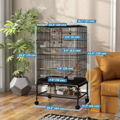 43" Bird Cage with Rolling Stand, Toys, for Budgies Canaries Black Bird Cages   at Gallery Canada