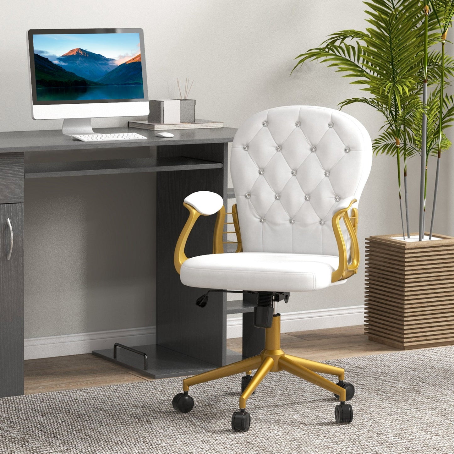 Velvet Office Desk Chair Button Tufted Vanity Chair with Swivel Wheels, Adjustable Height and Tilt Function, Cream White Task Chairs   at Gallery Canada