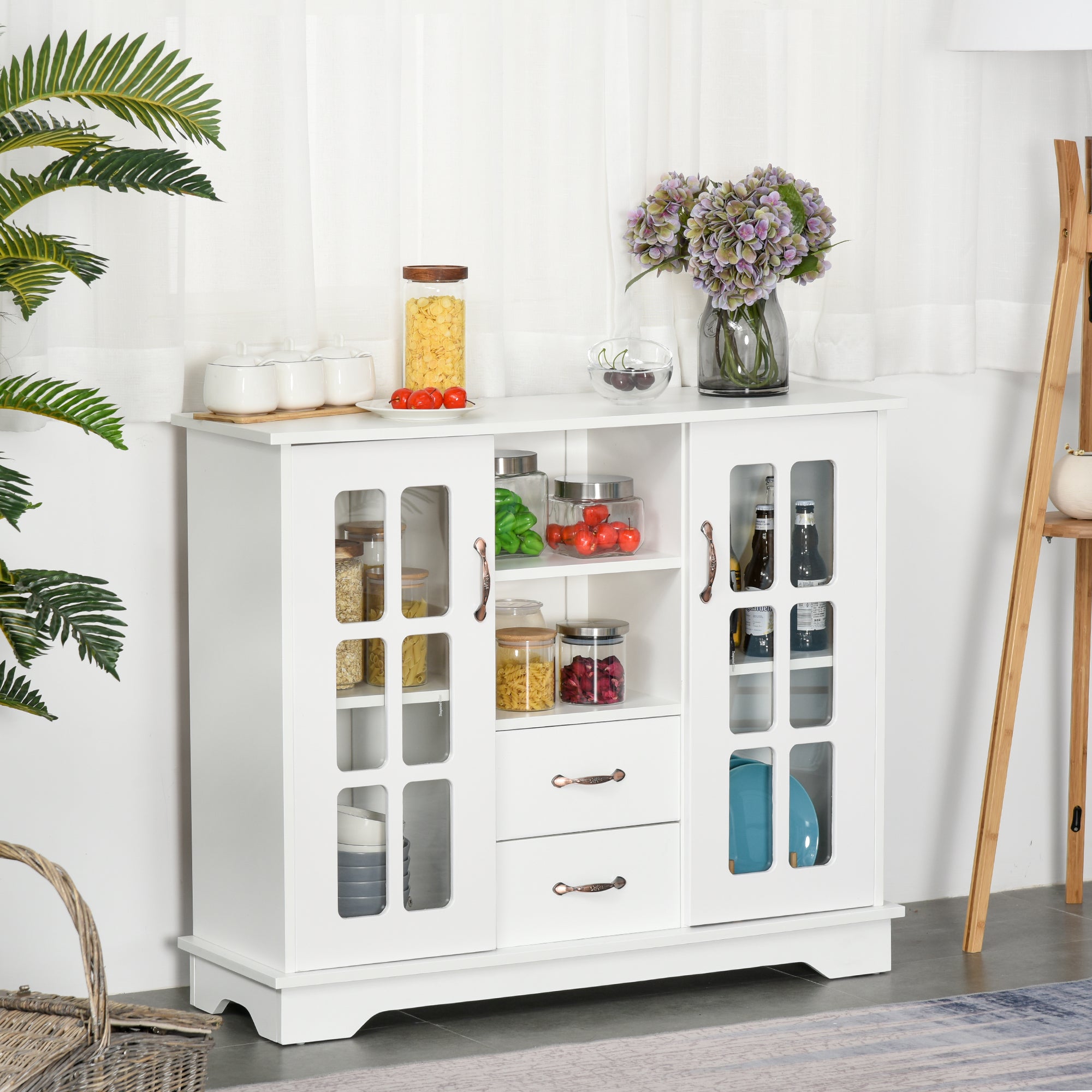 Modern Kitchen Sideboard with 2 Drawers, Coffee Bar Cabinet with Glass Doors Storage Cupboard and Open Shelf, White Bar Cabinets   at Gallery Canada