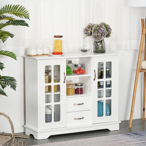 Modern Kitchen Sideboard with 2 Drawers, Coffee Bar Cabinet with Glass Doors Storage Cupboard and Open Shelf, White