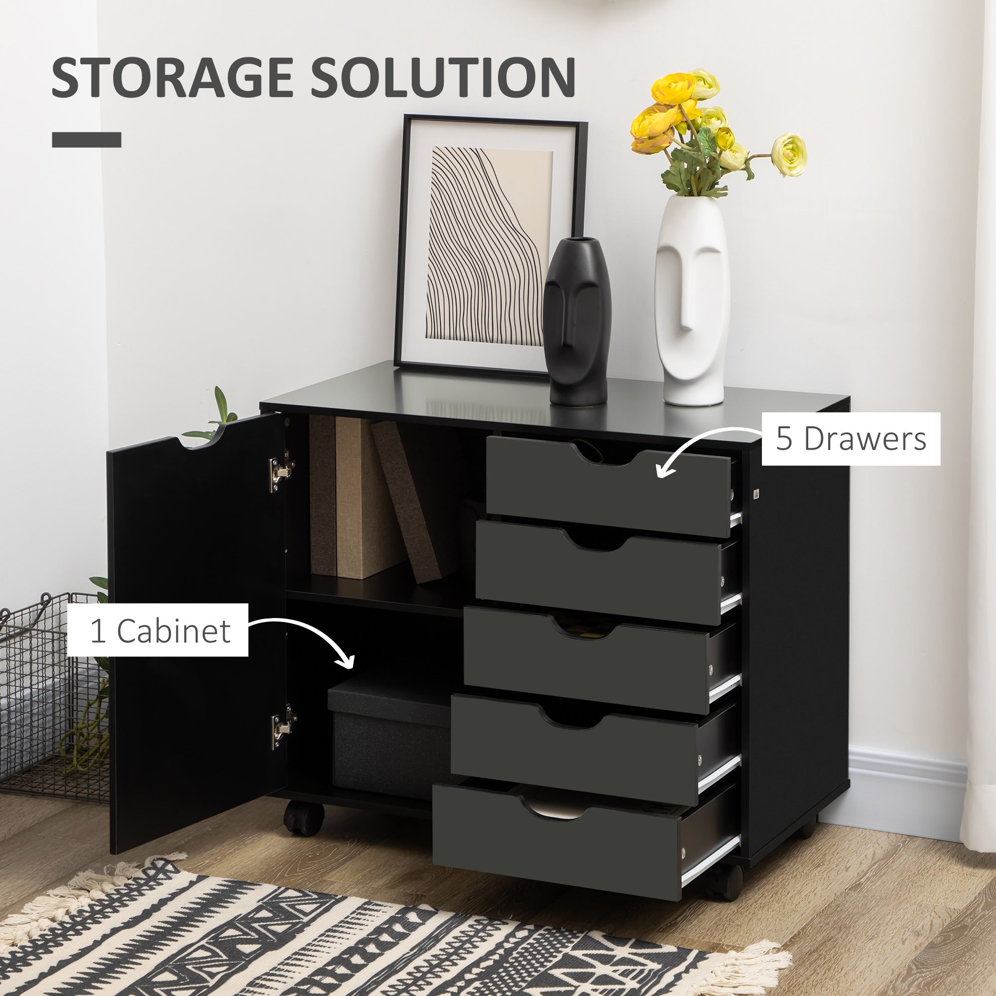 Lateral Filing Cabinet, 5-Drawers File Cabinet with Door and Adjustable Shelf, Mobile Office Storage Cabinet on Wheels, Printer Stand for Home Office, Black Storage Cabinets at Gallery Canada