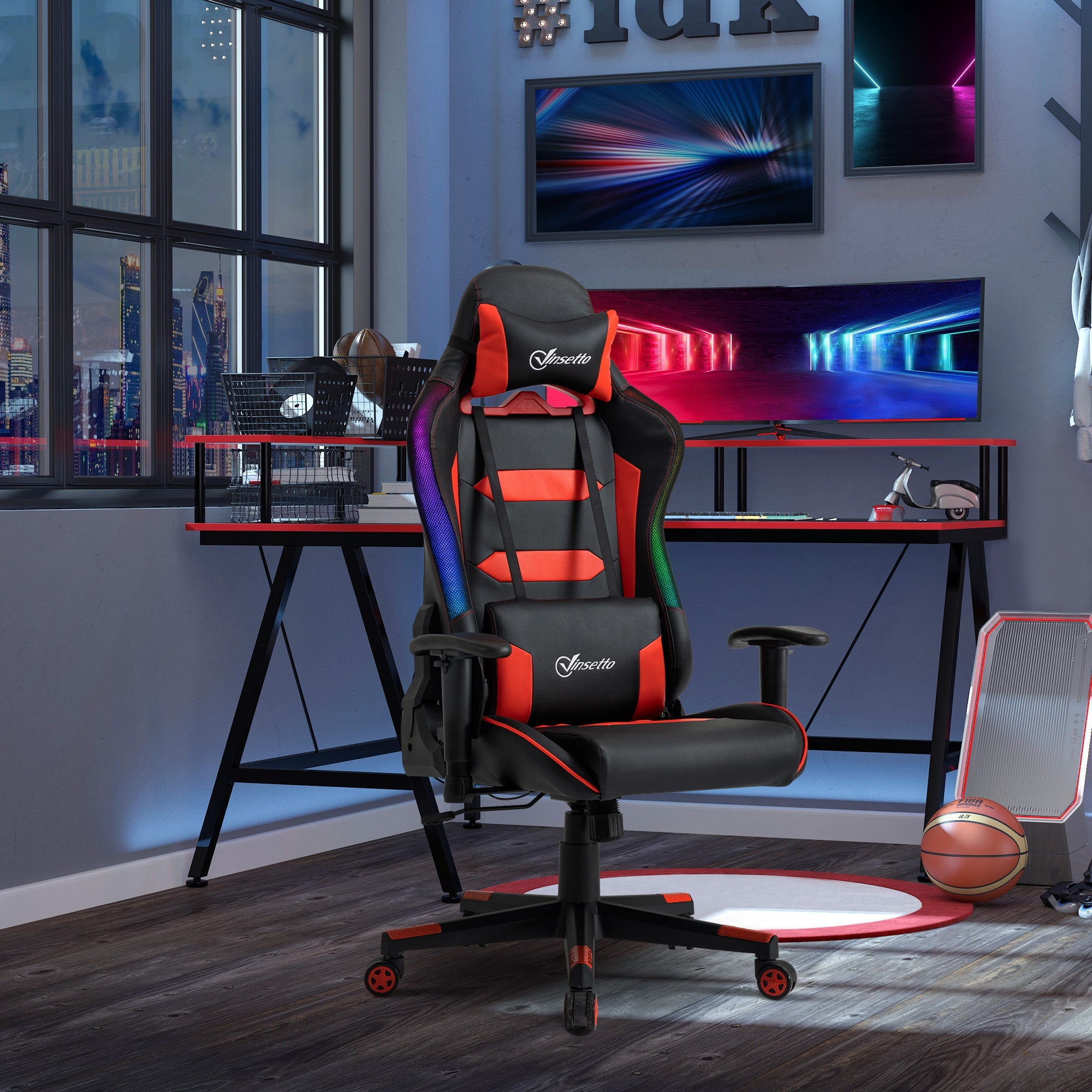 Racing Office Chair with RGB LED Light, Gaming Desk Chair with Lumbar Support, High Back PU Leather Swivel Computer Recliner, Tilt, Black and Red Video Game Chairs   at Gallery Canada