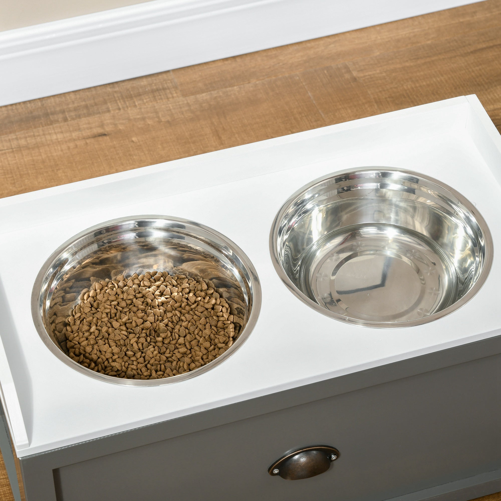 Large Elevated Dog Bowls with Storage Drawer, Raised Pet Feeding Station with 2 Stainless Steel Bowls, Grey Dog Bowls at Gallery Canada