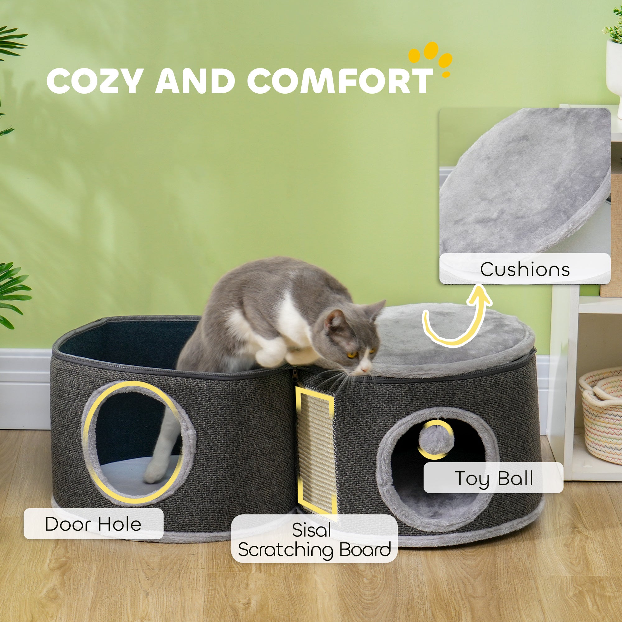 3-Story Cat Condo Barrel Tree with Top Perch, 2 Hideaways, Scratching Board, Removable Cushions, Toy Balls, Dark Grey Cat Towers   at Gallery Canada