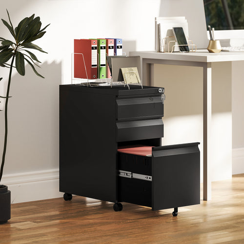 3 Drawer Filing Cabinet with Lock, Steel Office Storage Cabinet with Hanging Bar for A4, Legal, Letter Files, Black