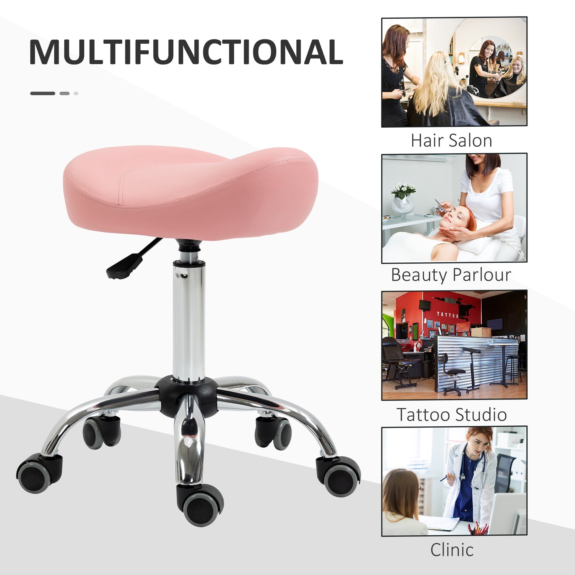 Saddle Stool, Height Adjustable Rolling Salon Chair with PU Leather for Massage, Spa, Clinic, Beauty and Tattoo, Pink Salon Stools   at Gallery Canada