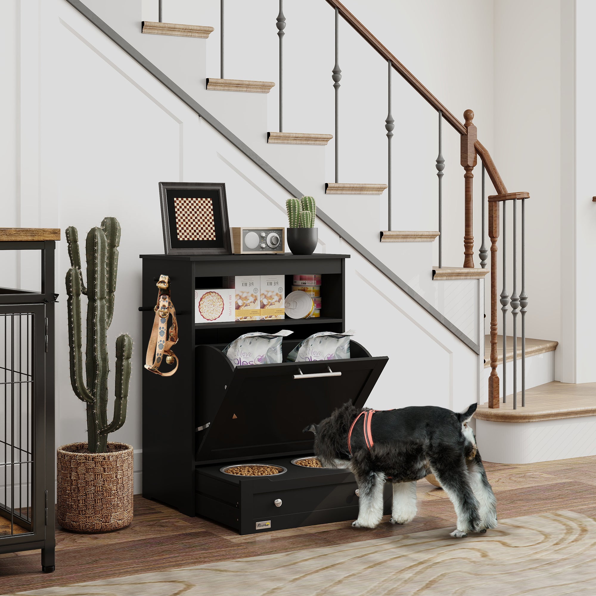 Pet Feeder Station Storage Cabinet, Dog Food Storage Container with Dog Raised Bowls, Watering Supplies, Black Dog Bowls at Gallery Canada
