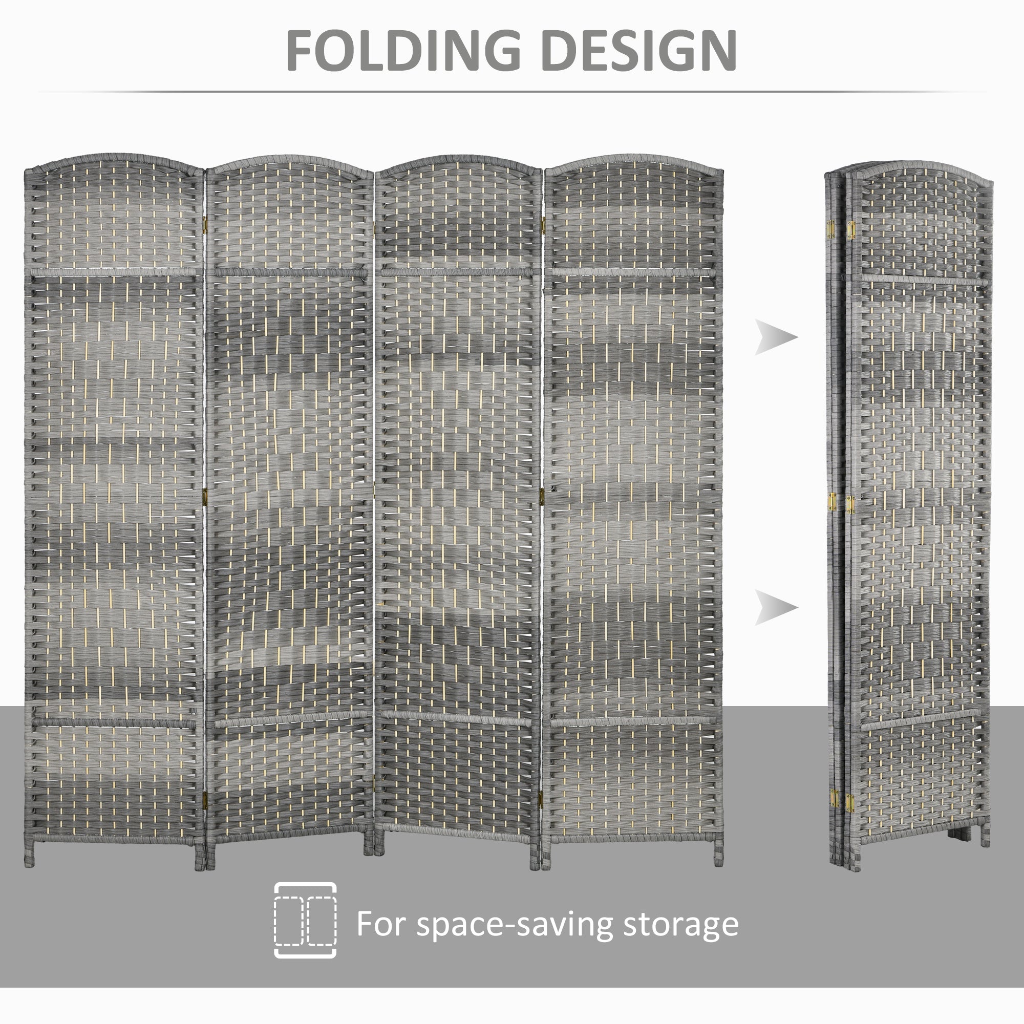 6 Ft Tall Folding Room Divider, 4 Panel Portable Privacy Screen, Hand-Woven Partition Wall Divider, Mixed Grey Room Dividers   at Gallery Canada