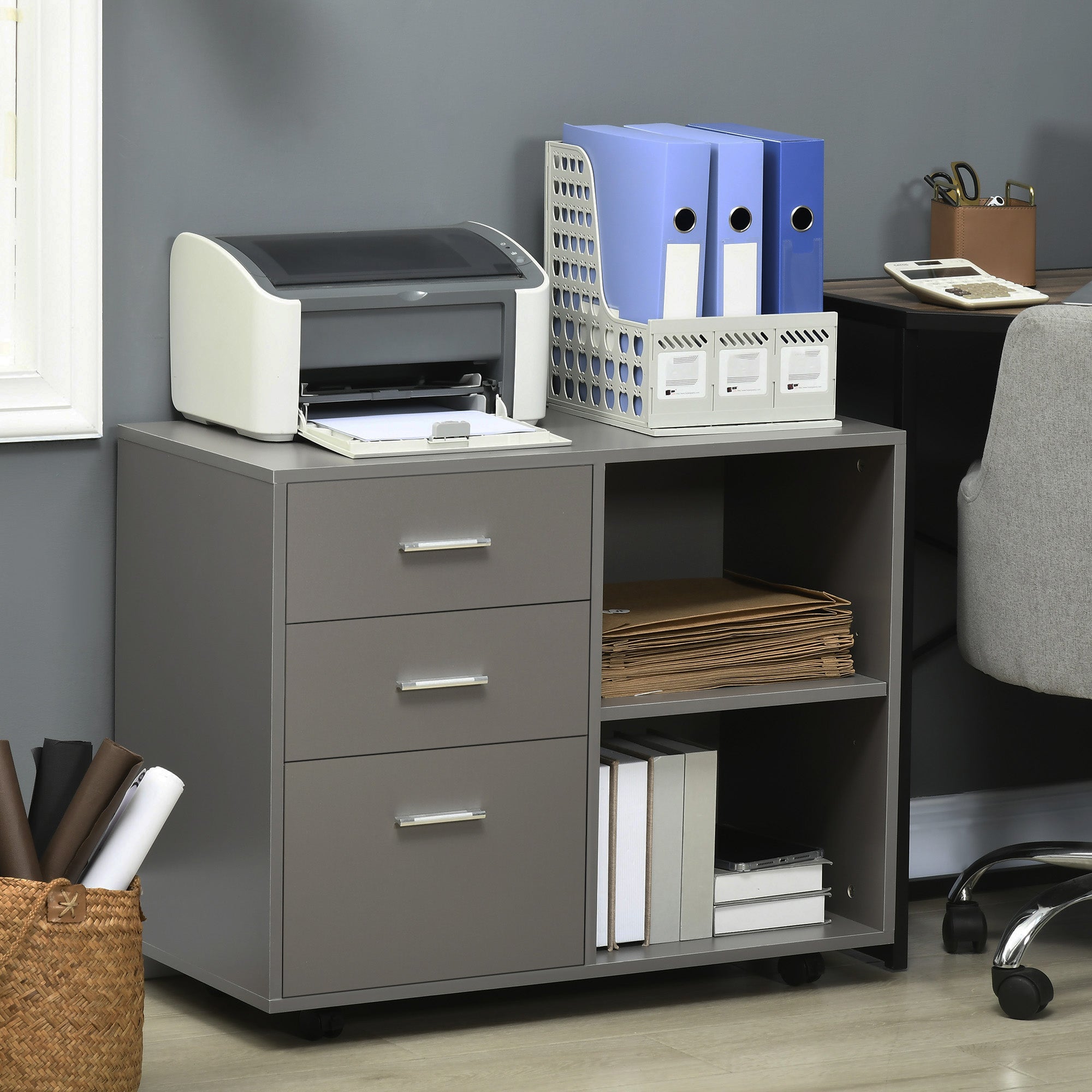 Modern Lateral Filing Cabinet, 3 Drawer File Cabinet for Letter and A4 Size Documents, Mobile, Printer Stand with Open Shelves, Rolling Wheels, Grey Office Cabinets & Cupboards at Gallery Canada