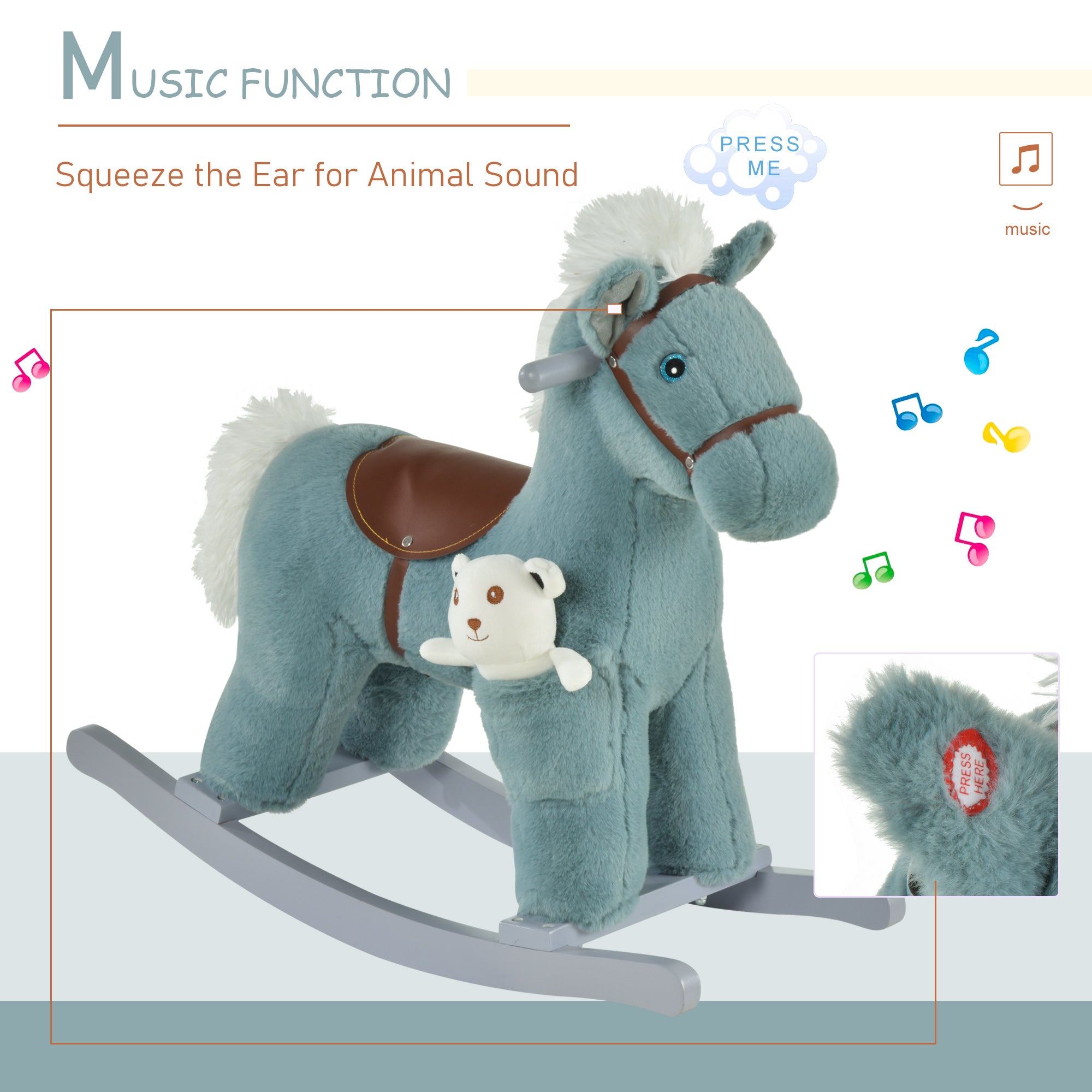 Kids Plush Ride-On Rocking Horse with Bear Toy, Children Chair with Soft Plush Toy &; Fun Realistic Sounds, Blue Rocking Horses at Gallery Canada