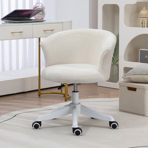 Armless Office Chair, Fluffy Computer Desk Chair with Adjustable Height, Swivel Wheels, Mid Back, White