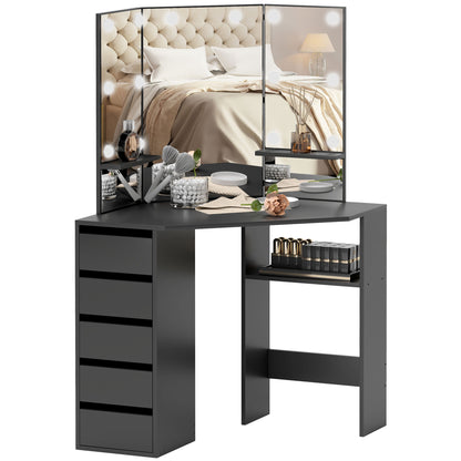 Makeup Vanity Desk with 3-Panel Mirror and 10 LED Lights, Dressing Table with 5 Drawers and Shelves for Bedroom, Black Dressing & Vanity Tables at Gallery Canada