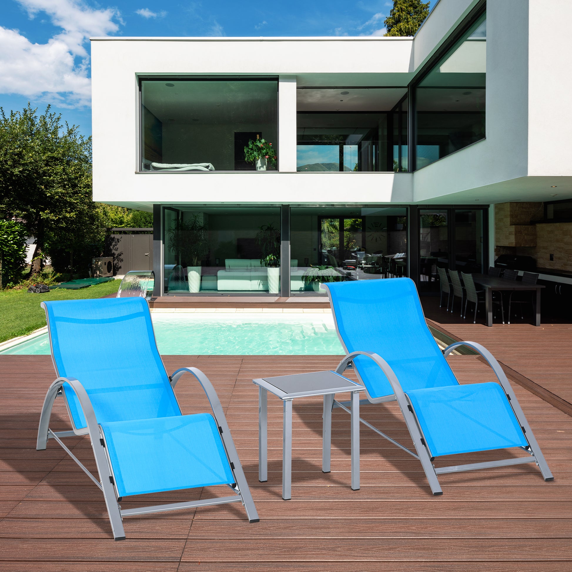 3 Pieces Patio Pool Lounge Chairs Set, Outdoor Chaise lounge with 2 S-Shaped Sunbathing Chairs and a Glass Top Table, for Yard Garden, Blue Lounger Chairs Multi Colour  at Gallery Canada