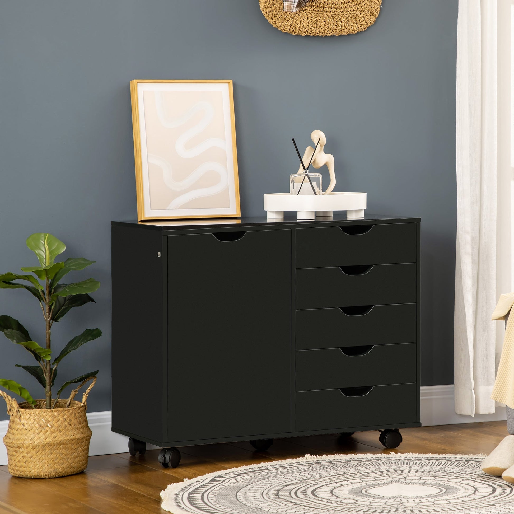 5-Drawer Vertical Filing Cabinet with Door, Adjustable Shelf, Wheels, Black Storage Cabinets   at Gallery Canada