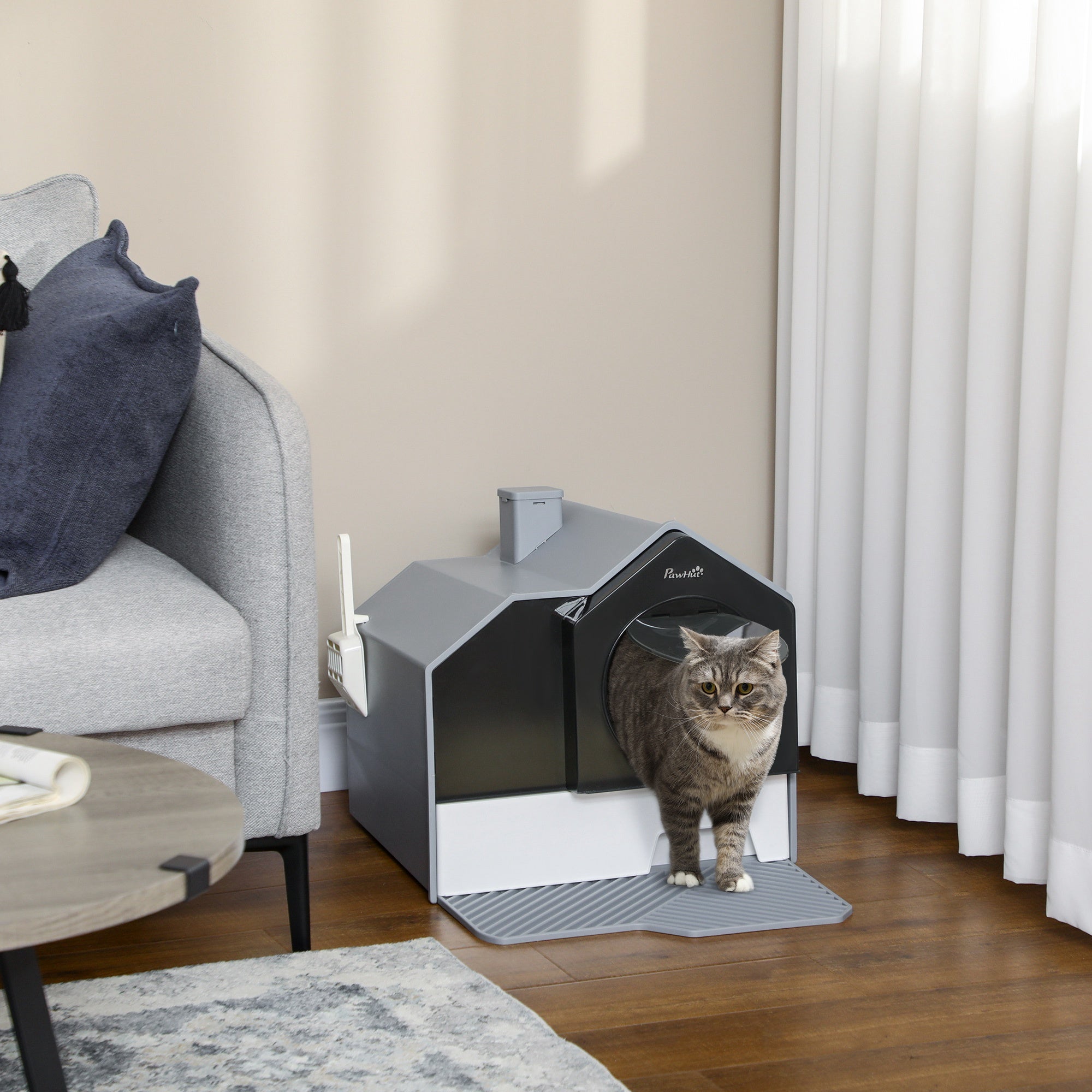 Hooded Cat Litter Box with Lid, Pull-Out Drawer, Handle, Scoop, Deodorizer Packs for Odor Control &; Easy-Clean, Grey Cat Litter Box Enclosures at Gallery Canada