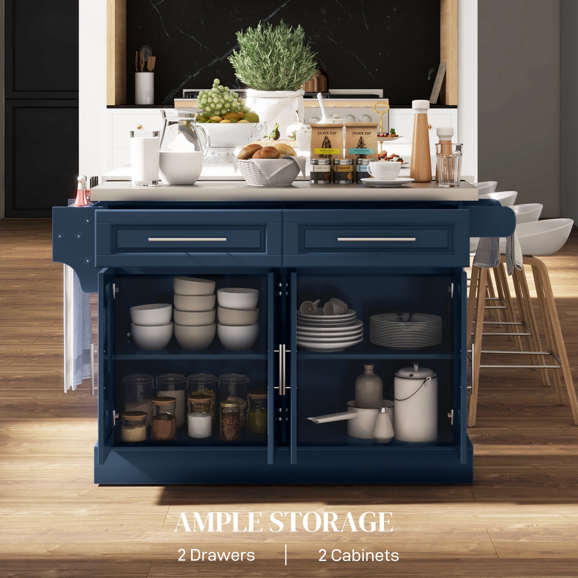 Rolling Kitchen Island with Storage and Stainless Steel Top, Kitchen Trolley with Drawers, Cabinets, Towel Rack, Blue Kitchen Islands & Kitchen Carts at Gallery Canada