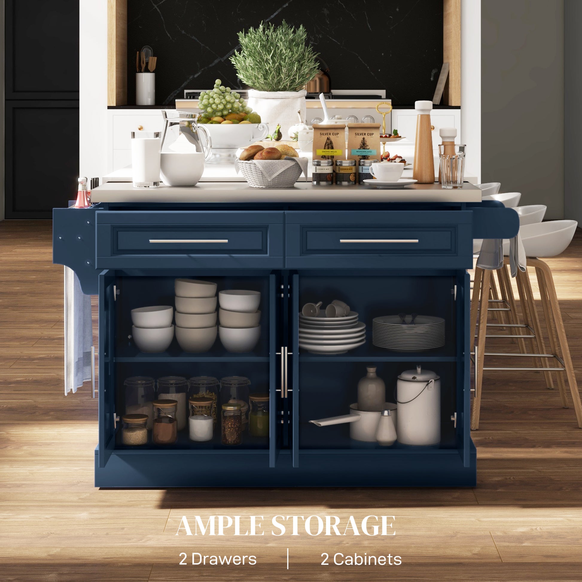 Rolling Kitchen Island with Storage and Stainless Steel Top, Kitchen Trolley with Drawers, Cabinets, Towel Rack, Blue Kitchen Islands & Kitchen Carts at Gallery Canada